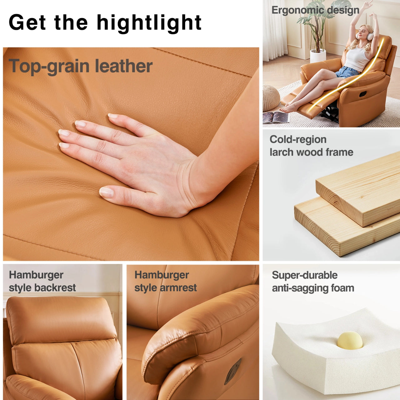 Airsky Recliner Chair Top-Grain Leather Genuine Leather Ergonomic Armchair Sofa for Adults