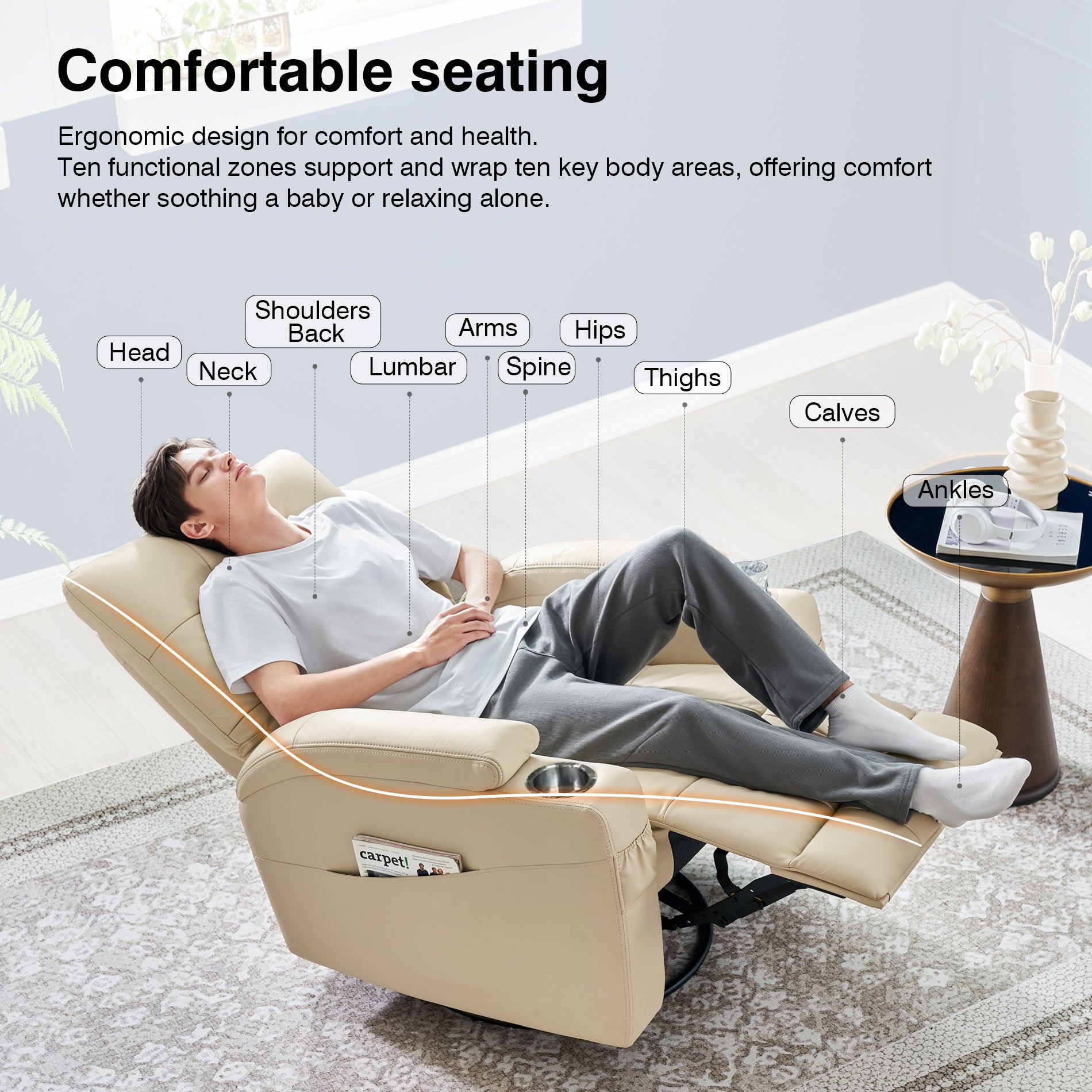 ergonomic nursery recliner chair with 360 swivel and rocker
